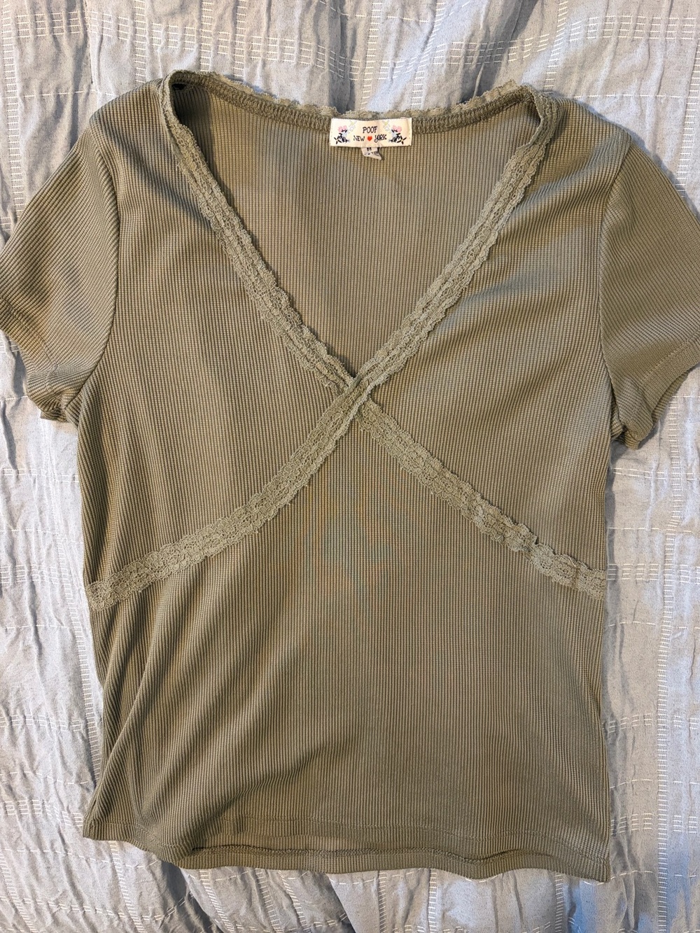 Olive Ribbed Lace-Trim V-Neck Tee